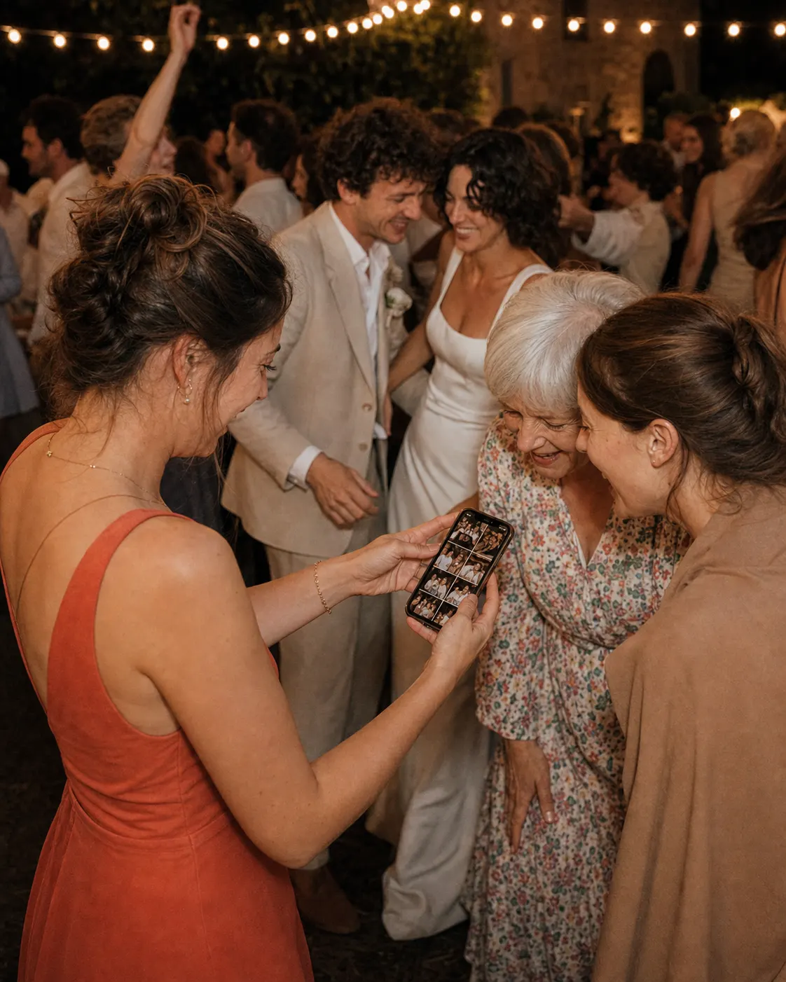 Des invités regardent ensemble les photos partagées